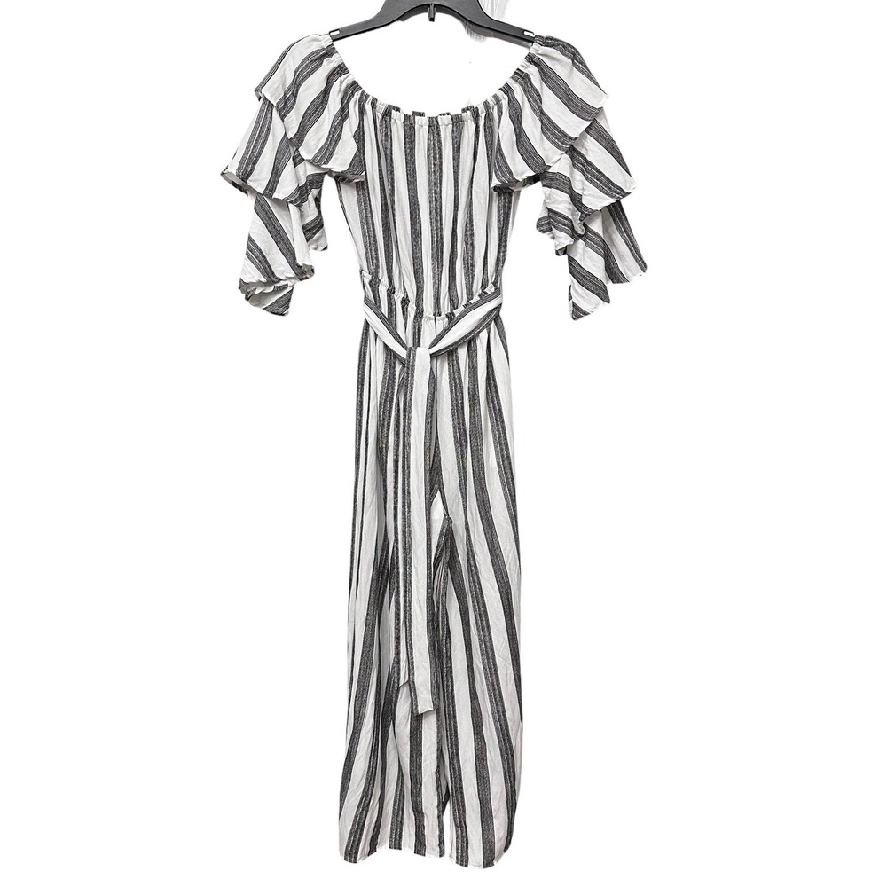 FLYING TOMATO Off Shoulder Tiered Sleeves Striped Wide Leg Jumpsuit XS Coastal